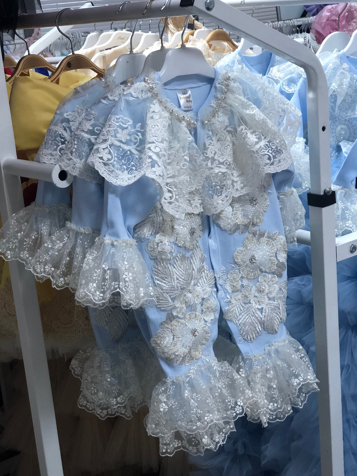 Blue France lace jumpsuit and hat