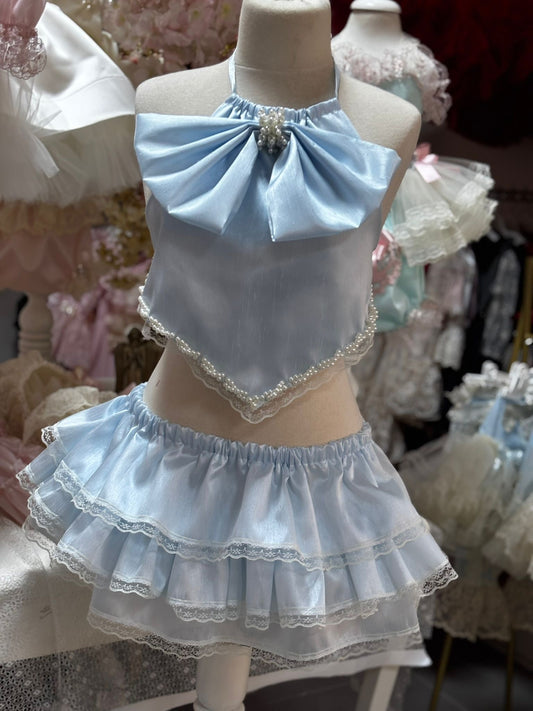 Blue silk fabric two pieces woman outfit