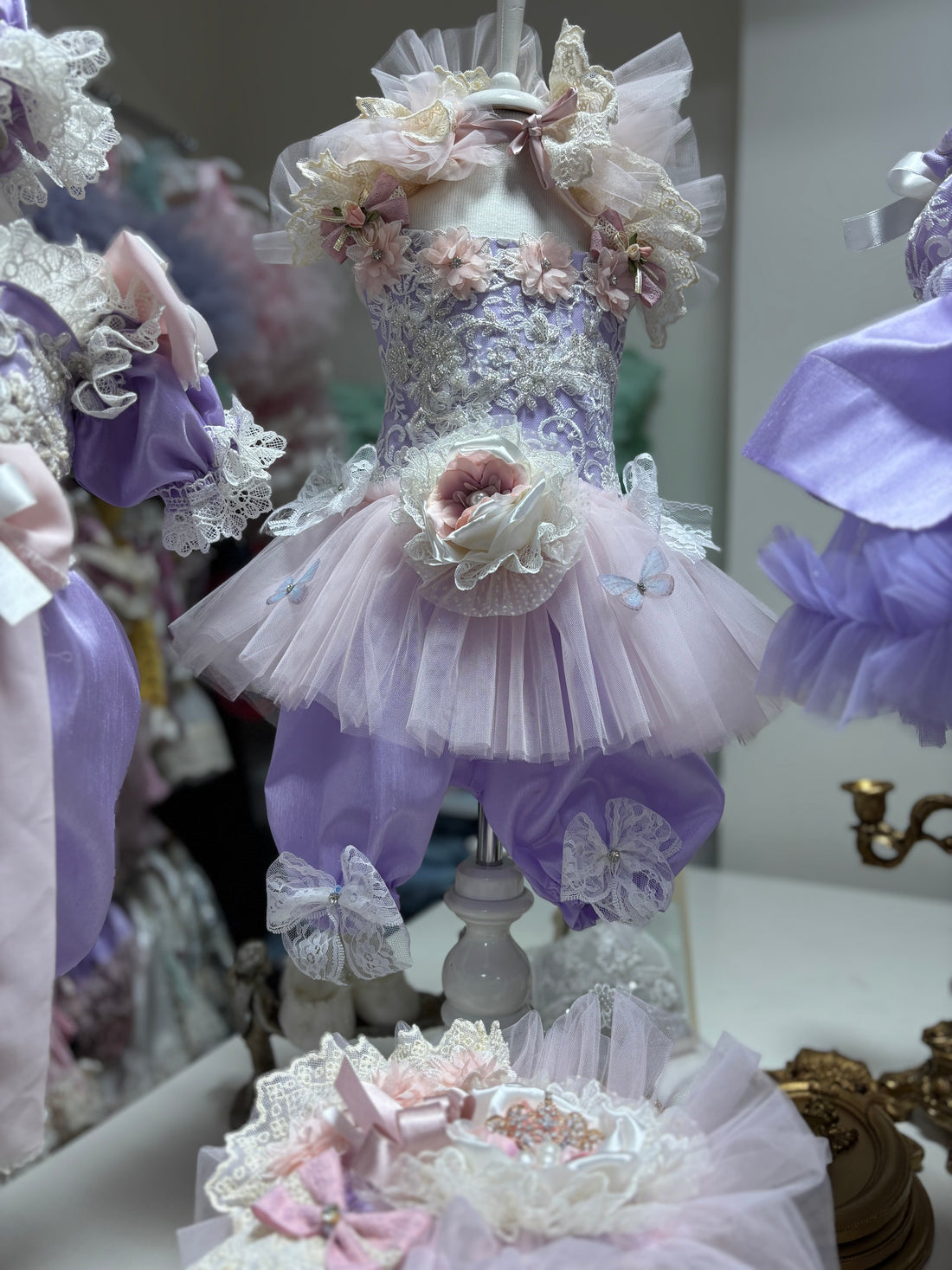 Lilac Silk Fabric Pearl Aplique Baby Girl Romper And HairBand