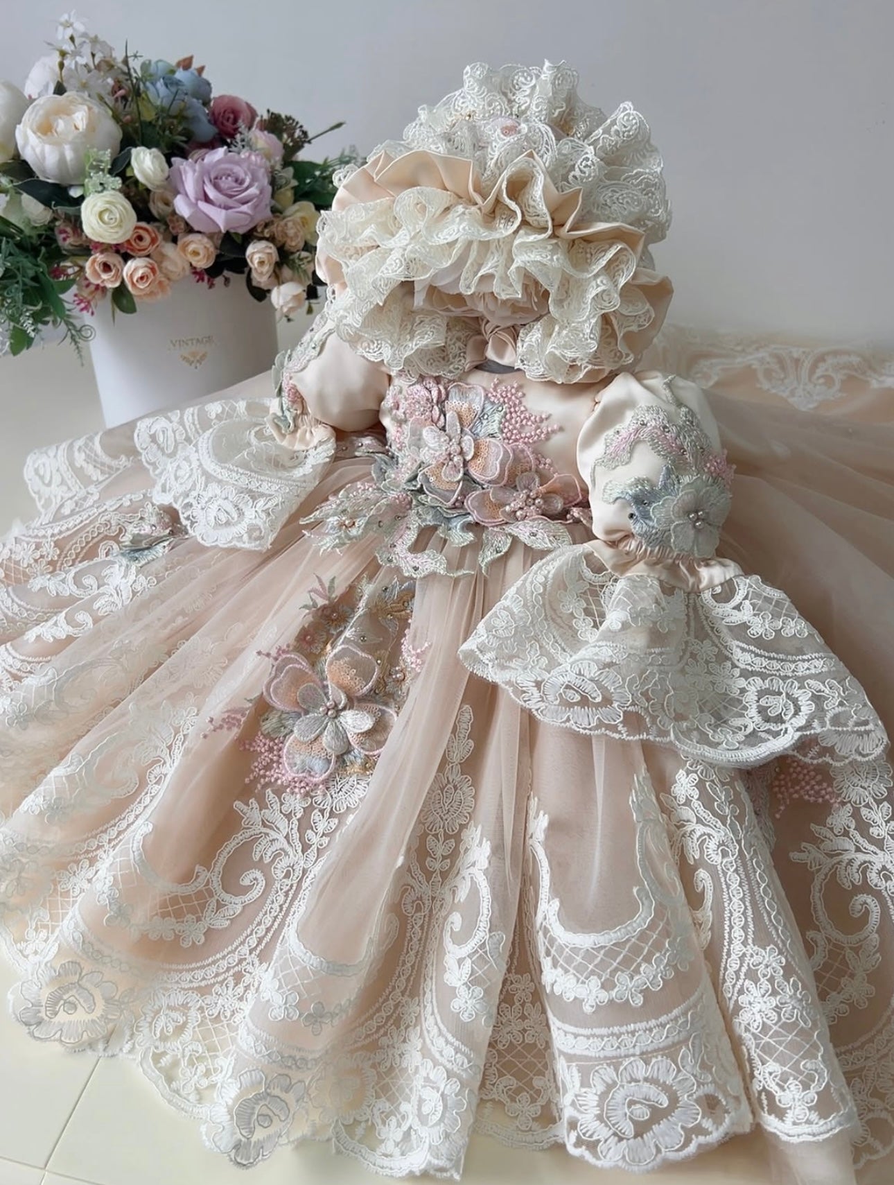 Light Pink Cream Tulle France Lace Amazing Baby girl dress ang bonnet