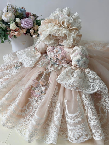 Light Pink Cream Tulle France Lace Amazing Baby girl dress ang bonnet