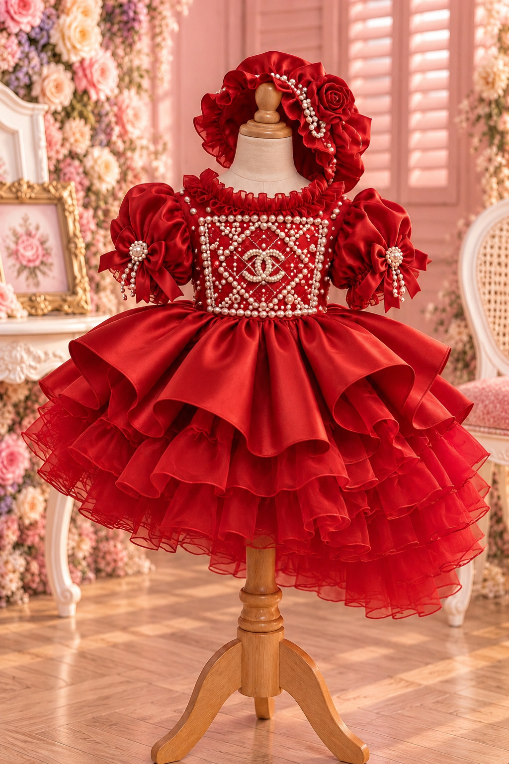 Red satin fabric funny girl Christmas dress and bonnet