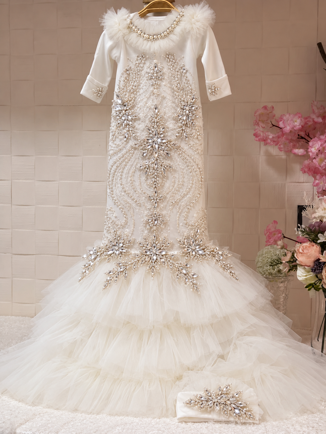 Cream rhinestone baby long gown and bonnet