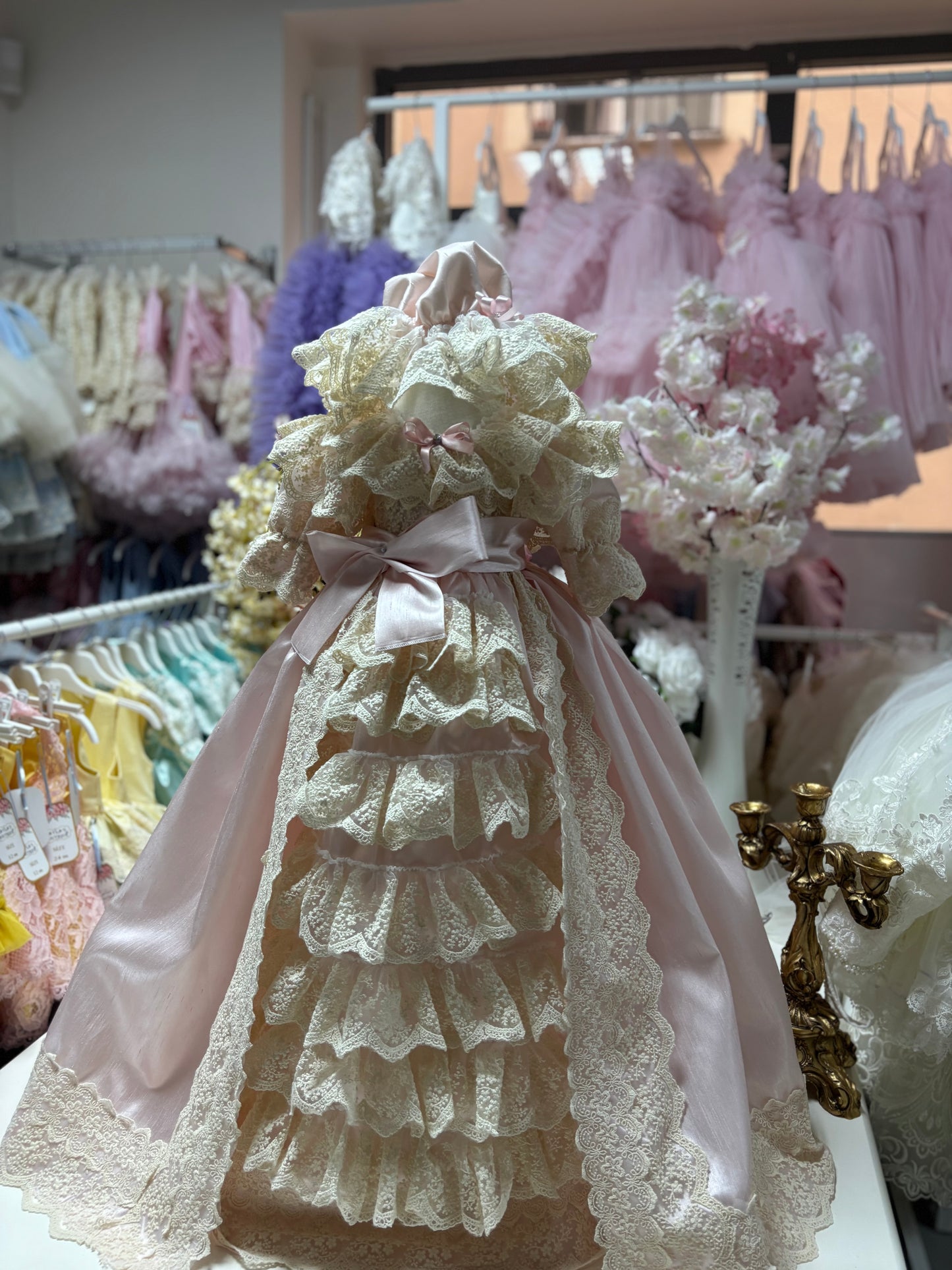 Pink silk fabric Baby Toddler Gown Dresses And Bonnet set wholesale 5 pcs
