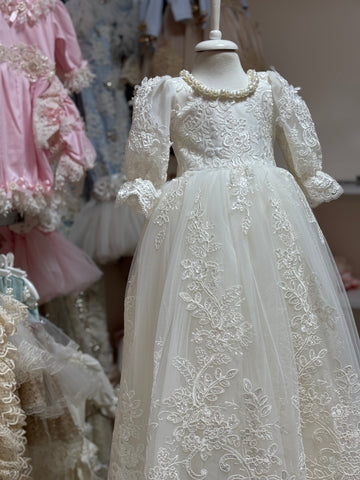 Cream lace fabric long girl dress
