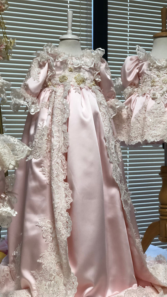 baby long satin gown france lace and bonnet wholesale 4 pcs