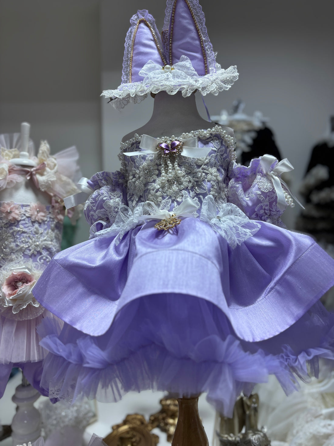 Lilac Silk Fabric Puffy Amazing Girl Dresses And Bunny HairClips