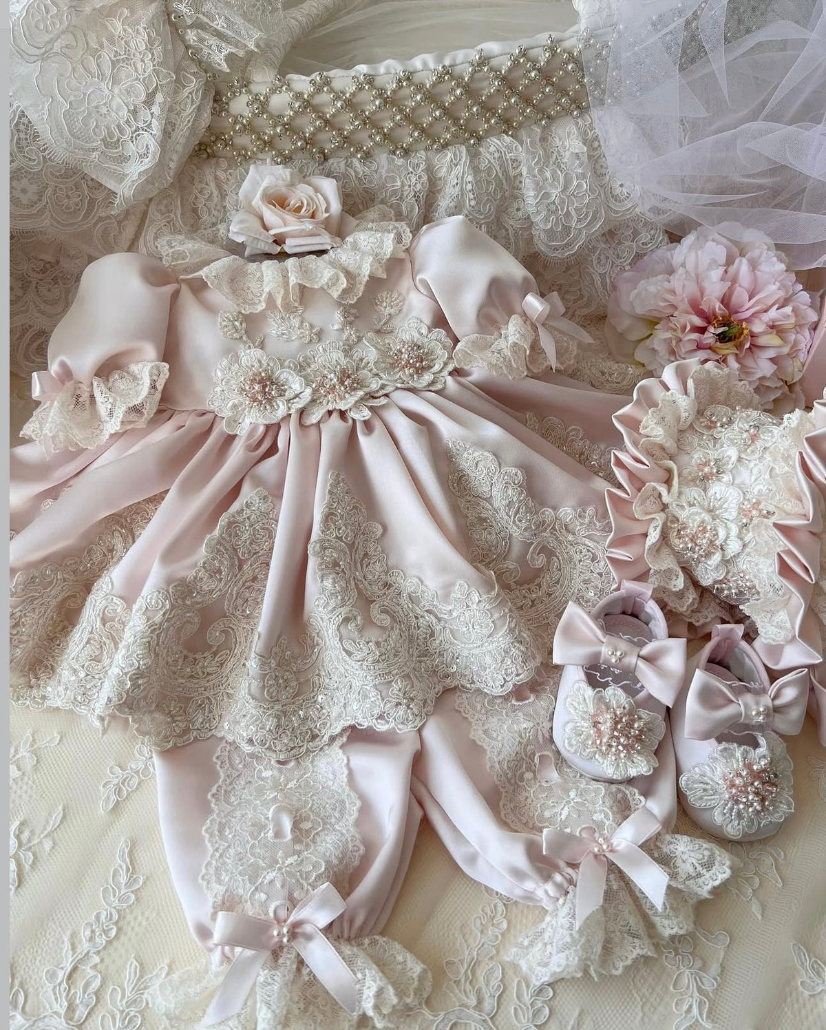 Light pink baby dress pants lace pearl detail bonnet and shoes