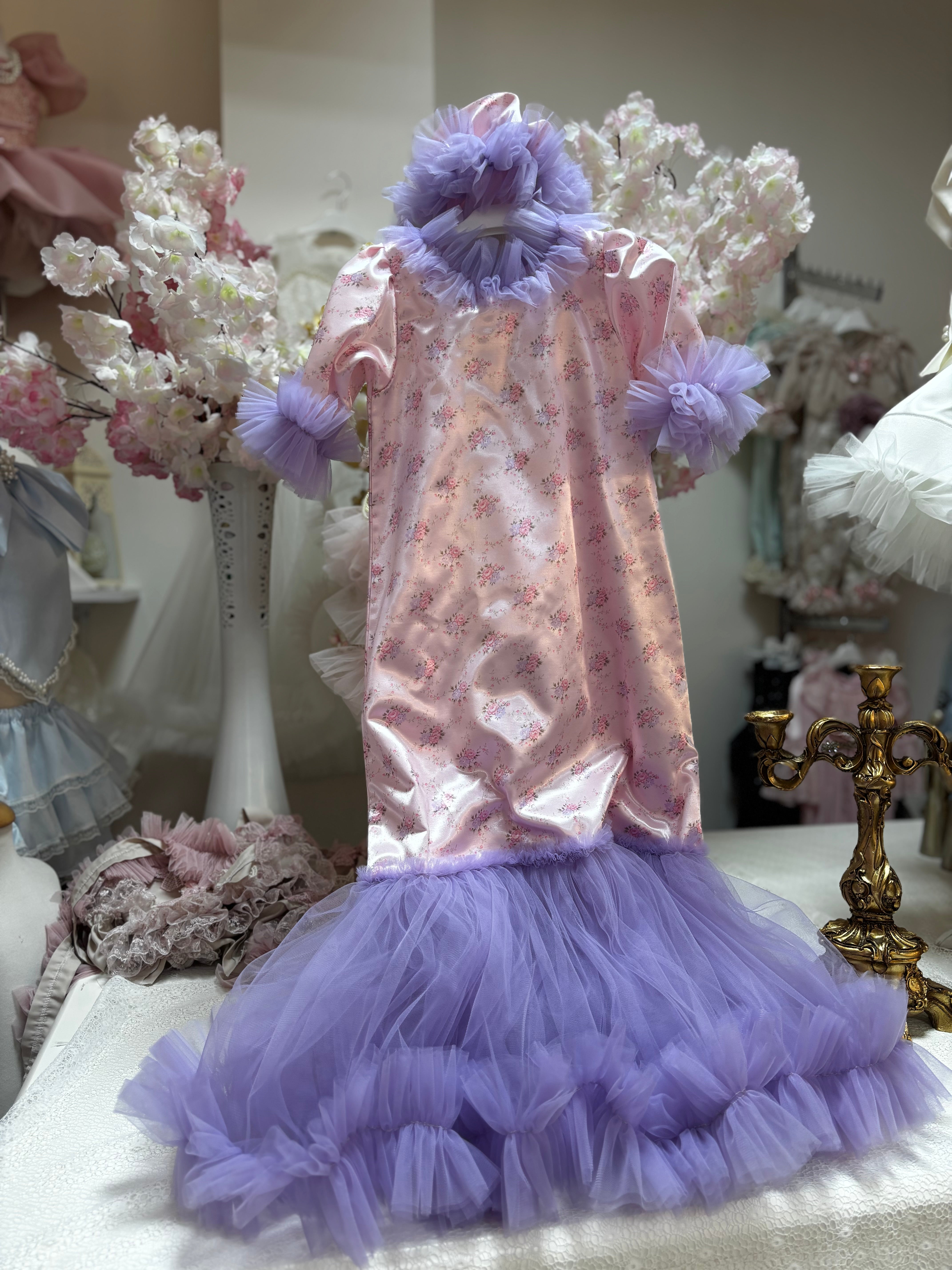 Pink lilac long baby gown and bonnet