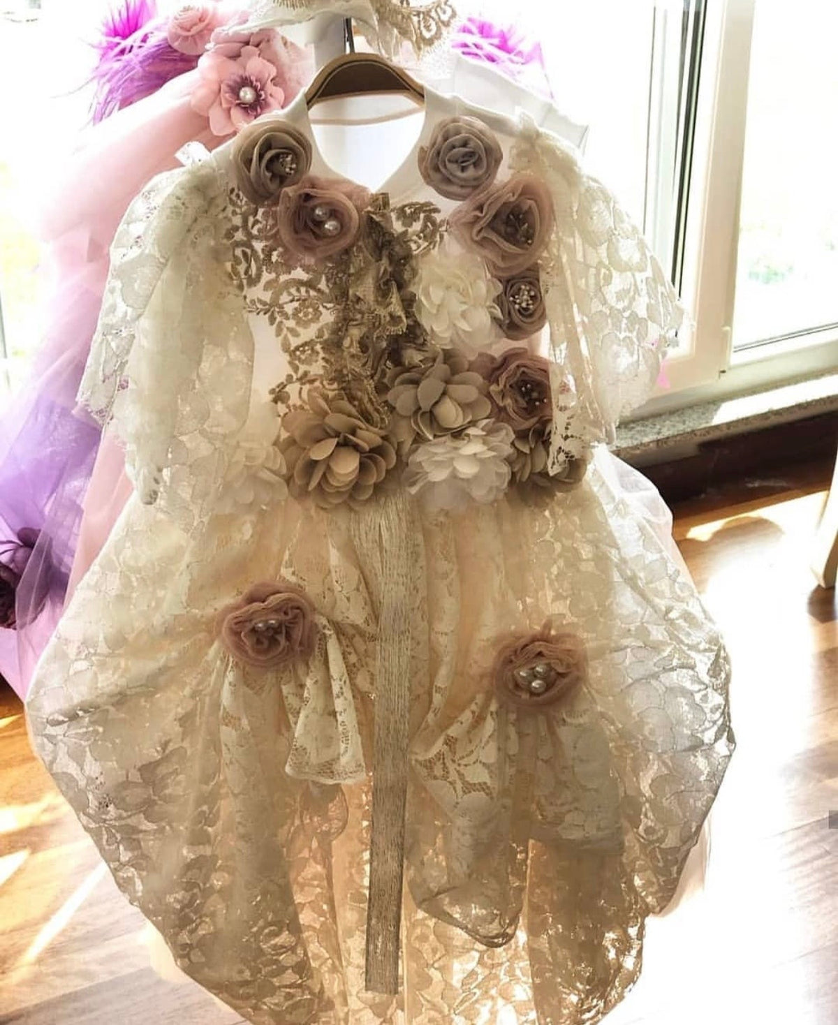 Lace baby gown and bonnet