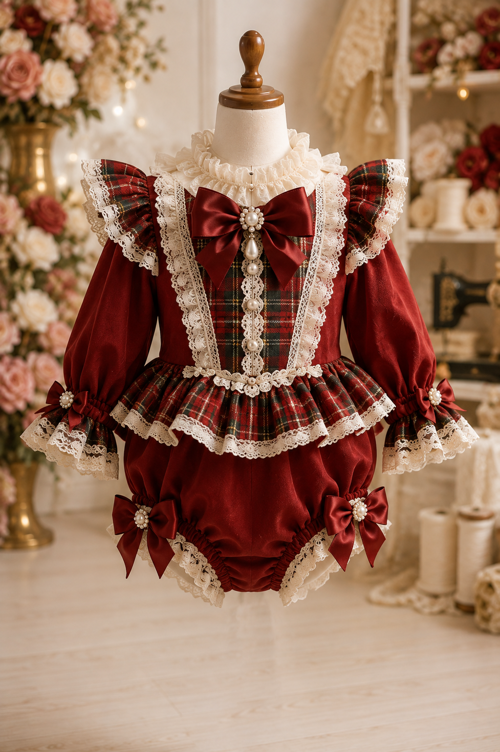 Red and plaid fabric baby and girl two pieces outfıt and hair bow wholesale 7 pcs