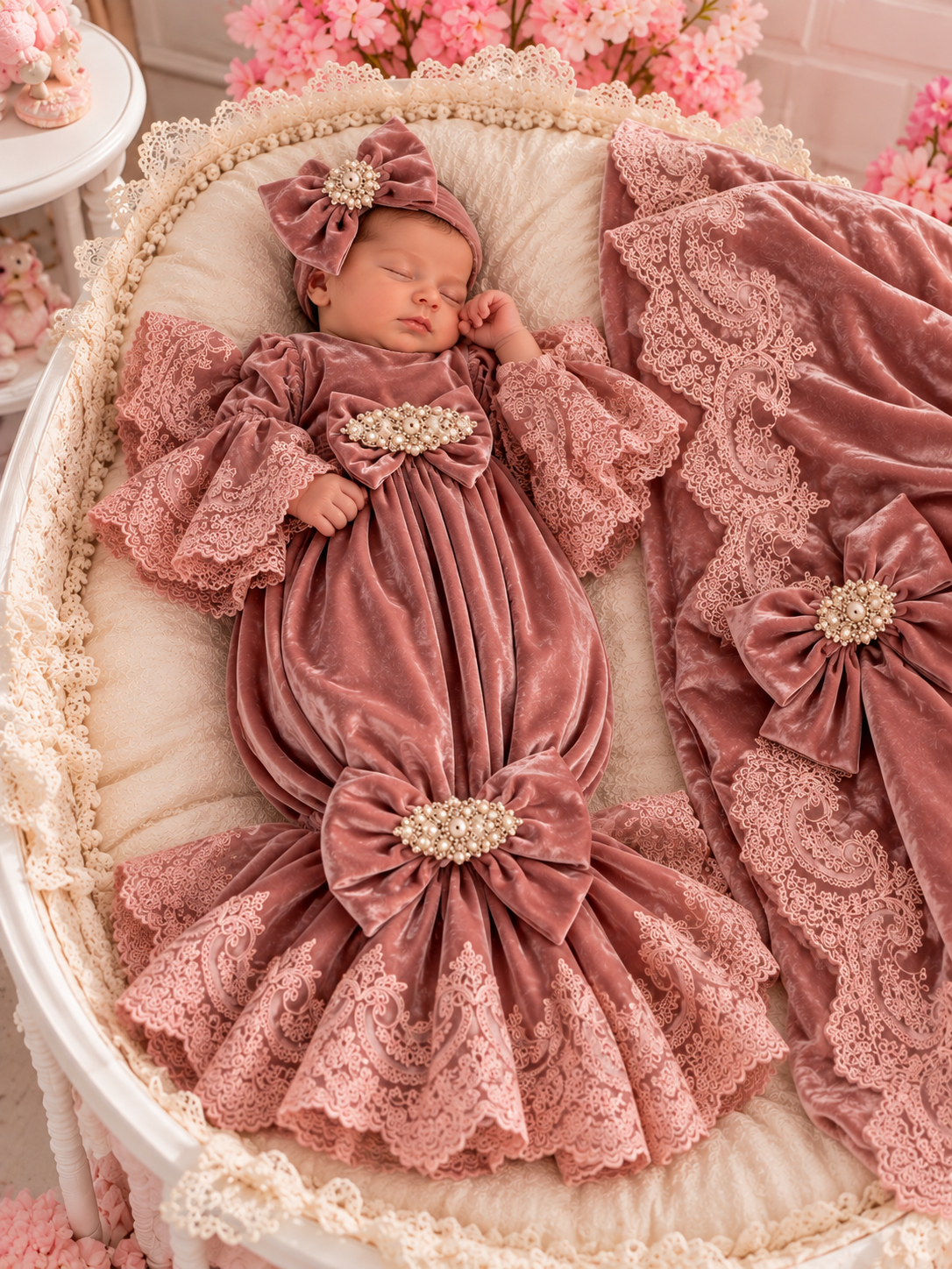 Powder velvet fabric gown bonnet and blankent
