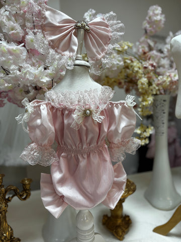 pink silk fabric baby romper and bow