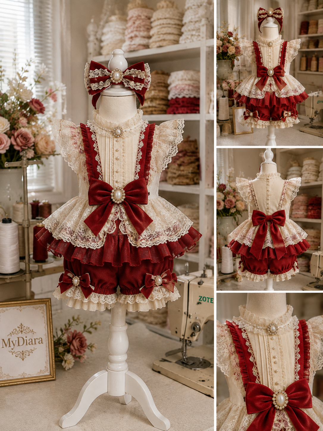 Red cream coton fabric two pieces outfit and hairbow wholasale 7pcs