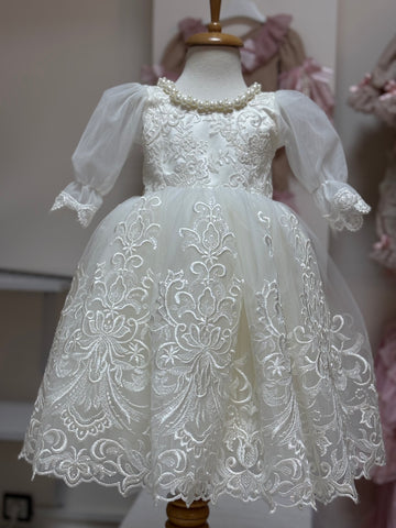 Cream long girl lace fabric dress