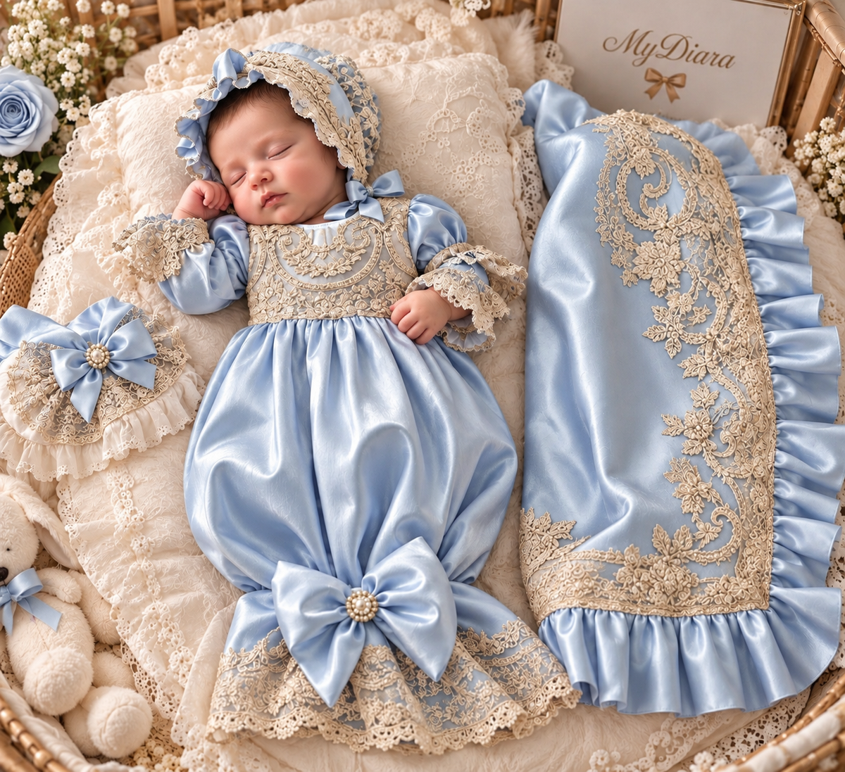 Blue silk fabric baby gown bonnet and blankent
