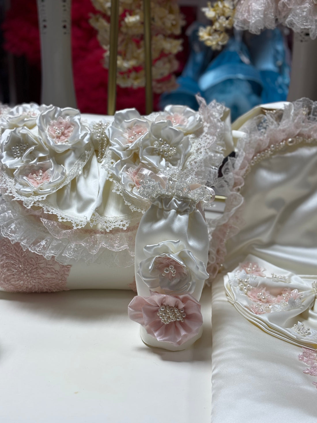 cream silk fabric big bow pearl flowers diaper bag and bottle bag