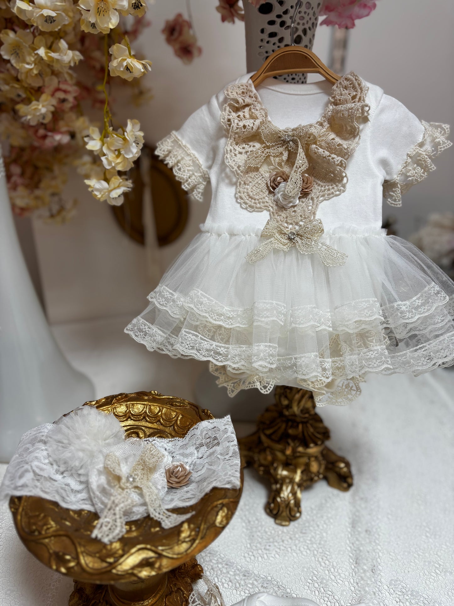 Cream layet romper and hair band 3m