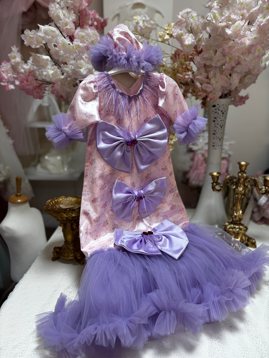 Pink lilac long baby gown and bonnet
