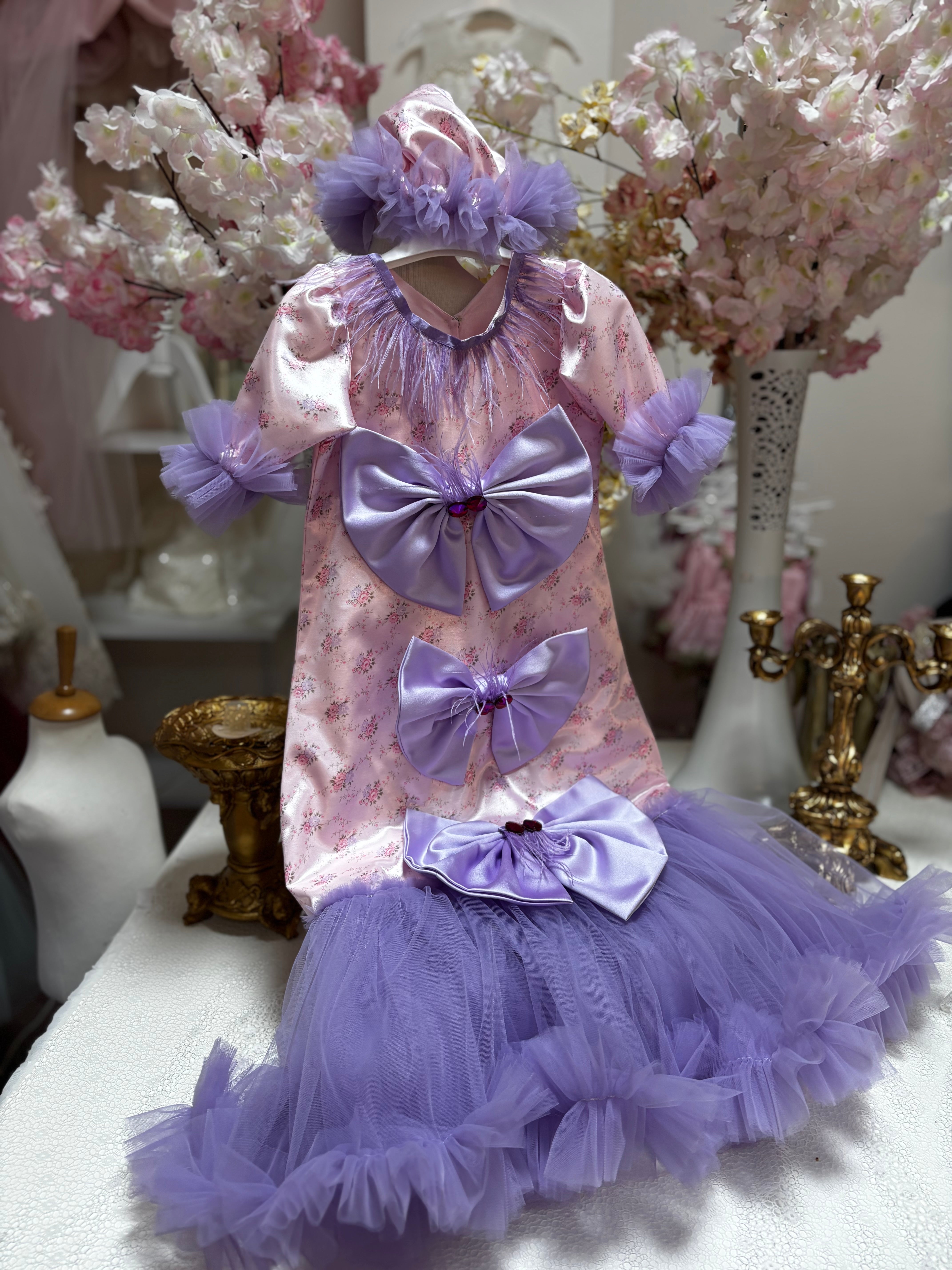 Pink lilac long baby gown and bonnet