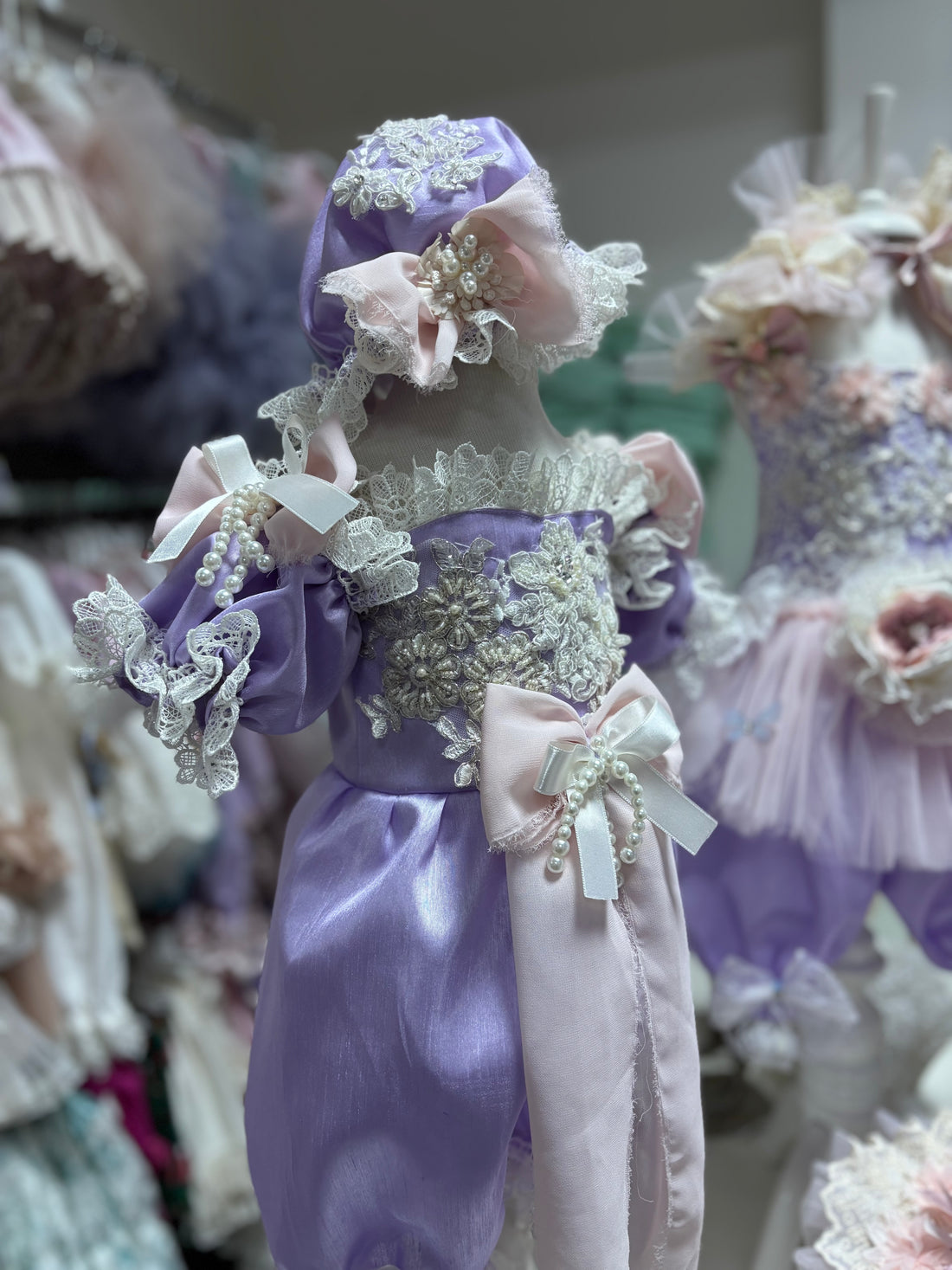 Lilac silk Fabric Pearl Aplique Baby Jumpsuit And Bonnet