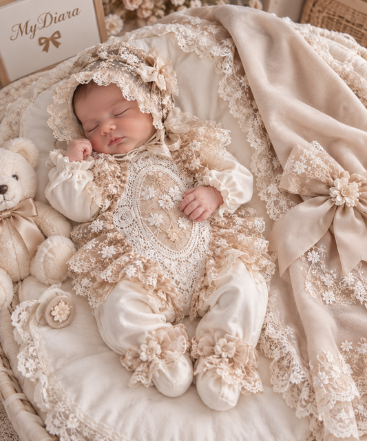 Baby vintage jumpsuit bonnet and blanket