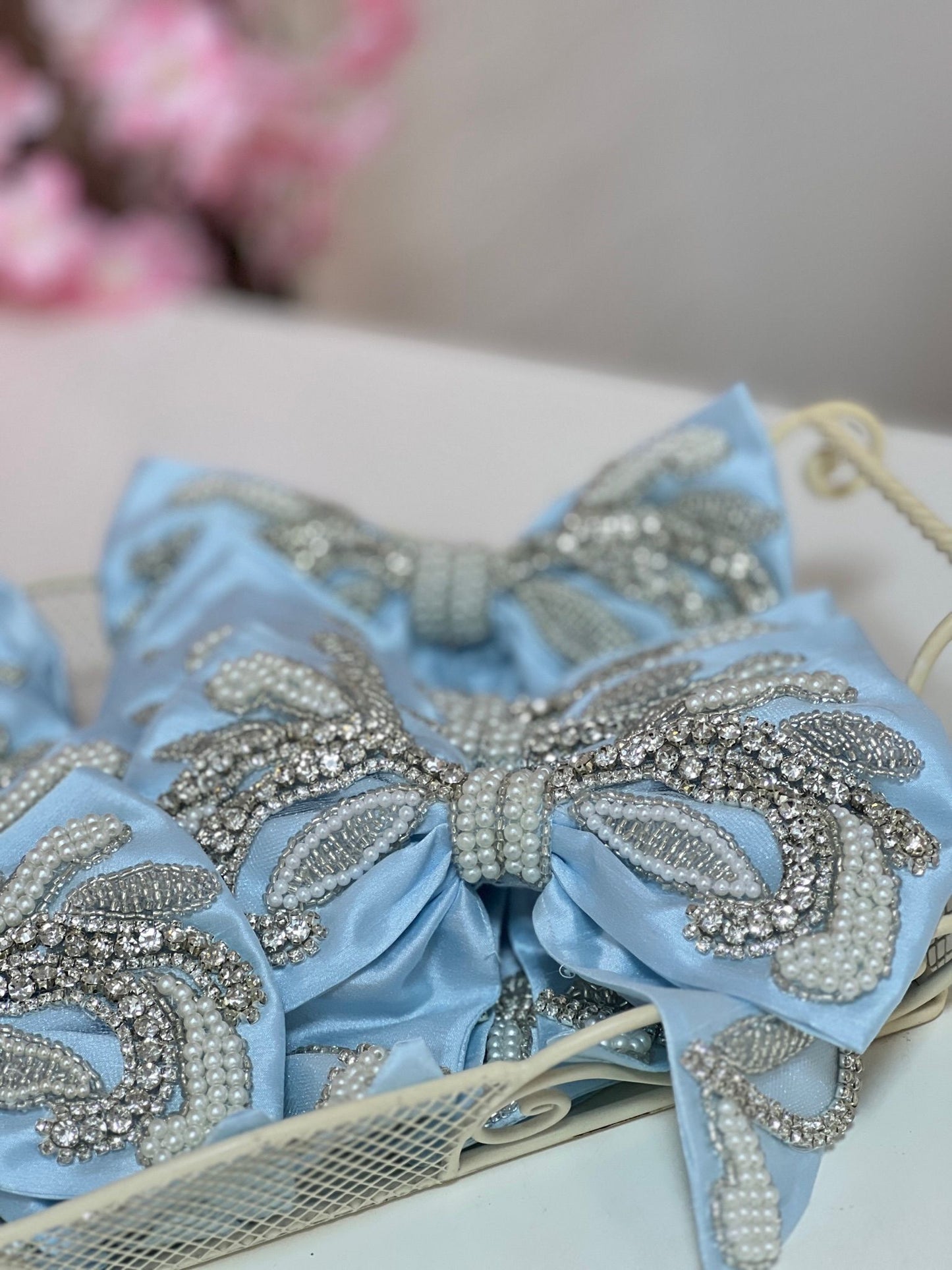 Baby Blue Rhinestone Bow Clips 10 inc