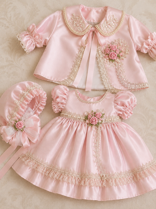Pink satin fabric dress bonnet and jacket