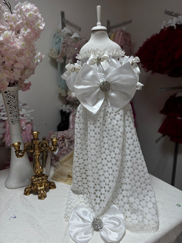 Cream lace sil fabric baby gown and hair bow