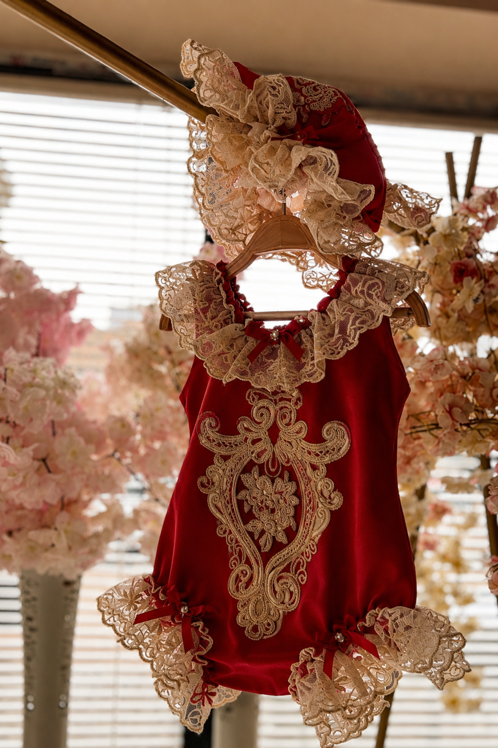 Red coton romper and bonnet