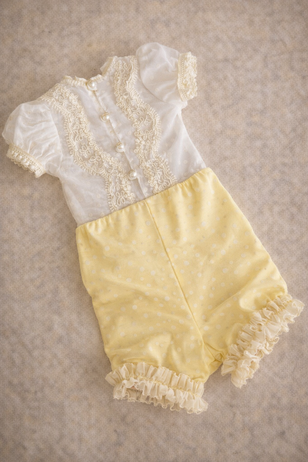Ivory Yellow Baby Girl Vintage Romper And HairBow