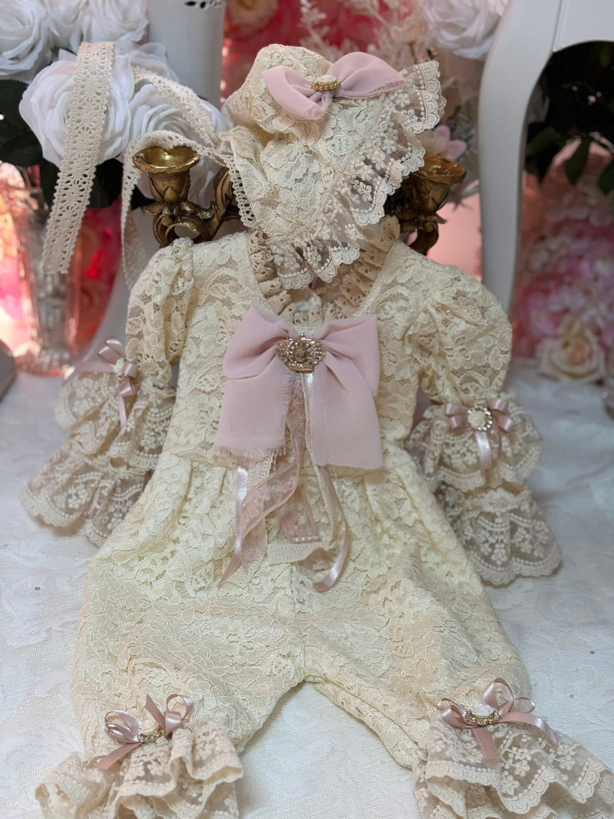 Lace jumpsuit and bonnet