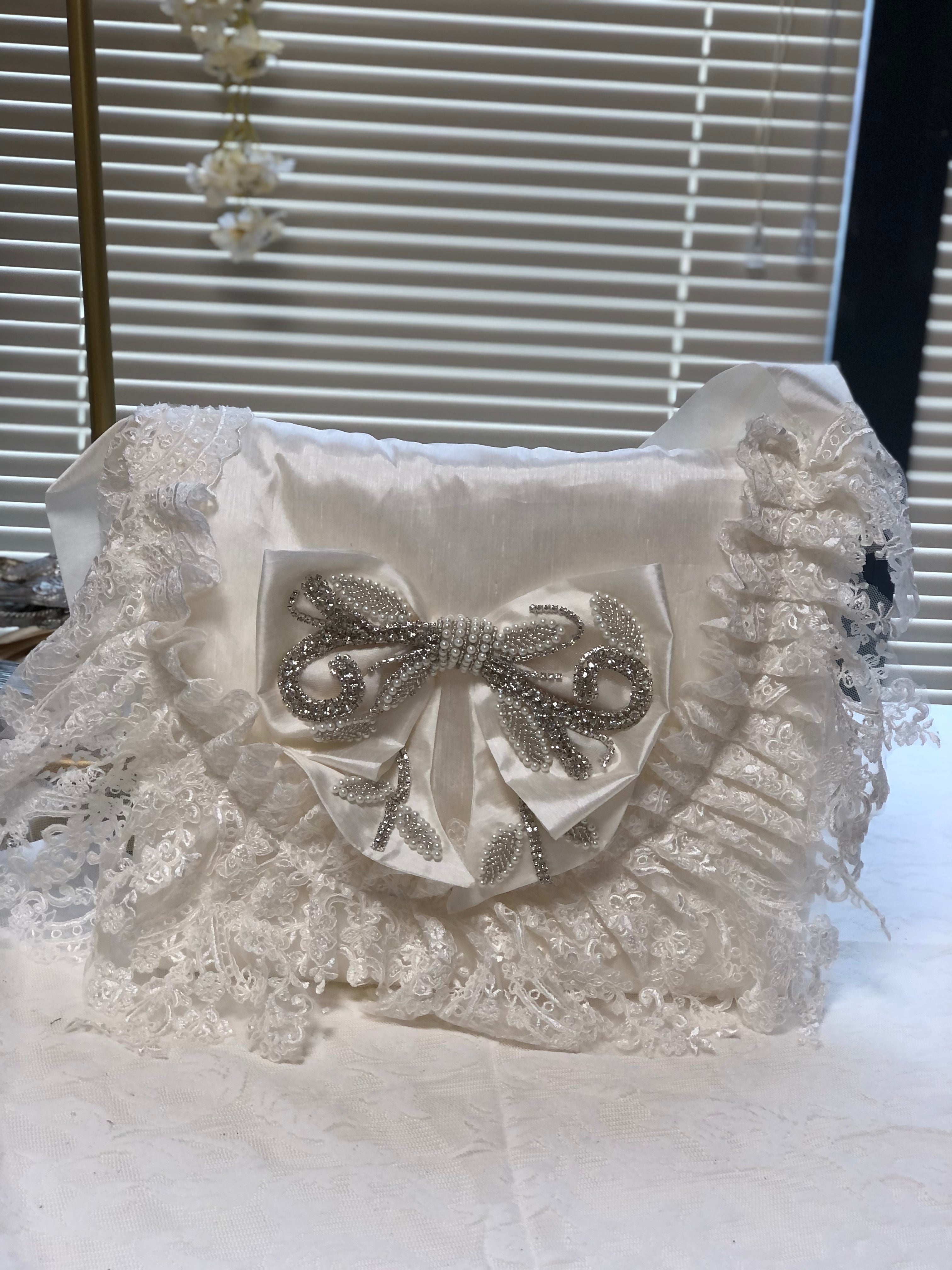 Cream silk fabric rhinestone bow diaper bag