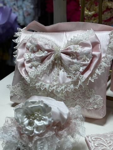 Pink silk fabric big bow pearl flowers diaper bag and bottle bag