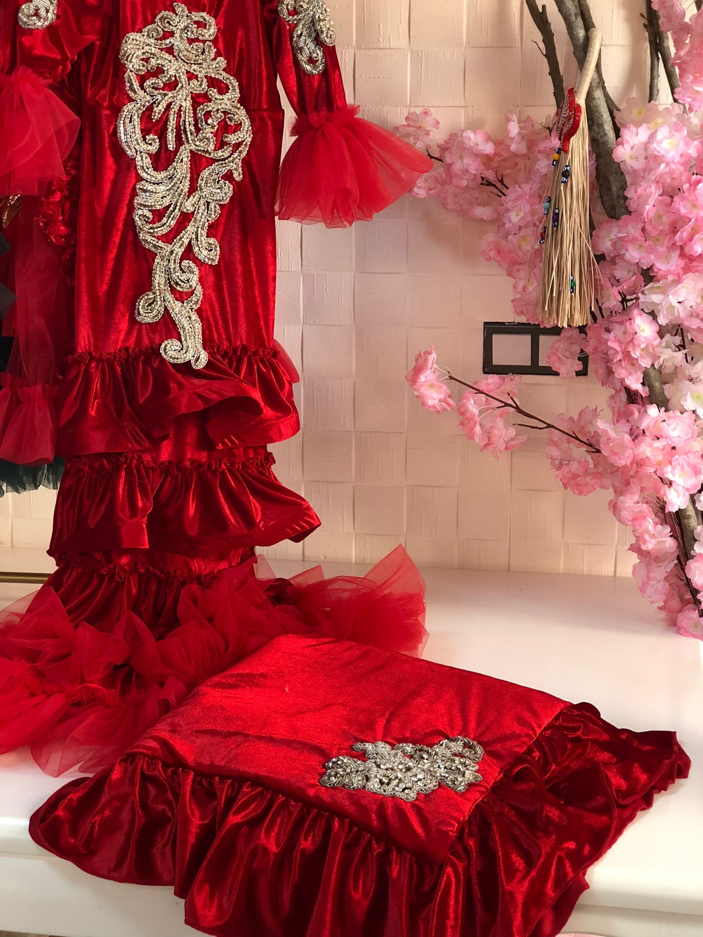 red velvet rhine stone gown  bonnet and blankent set