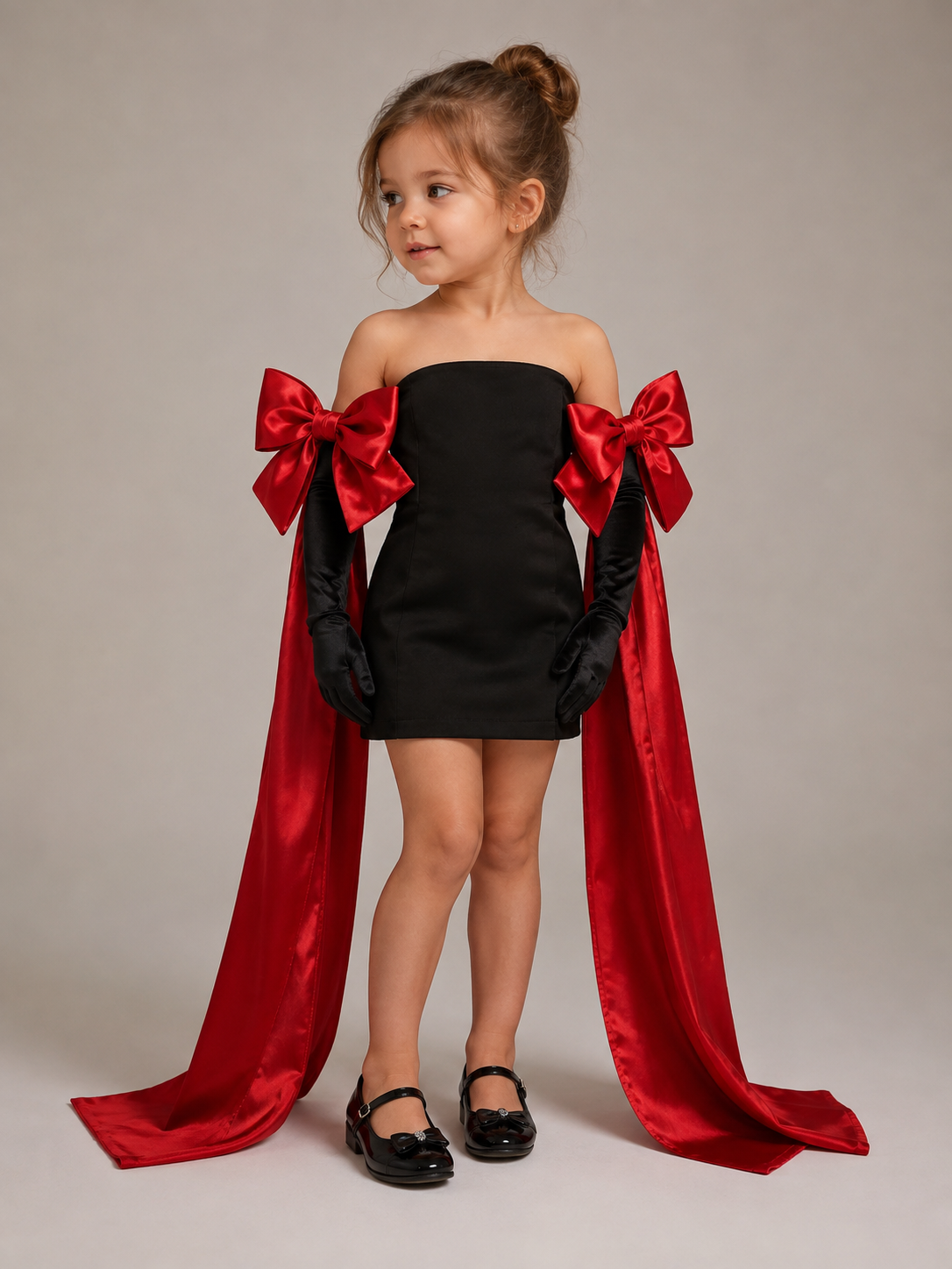 Black shorts girl red bow black gloved dress