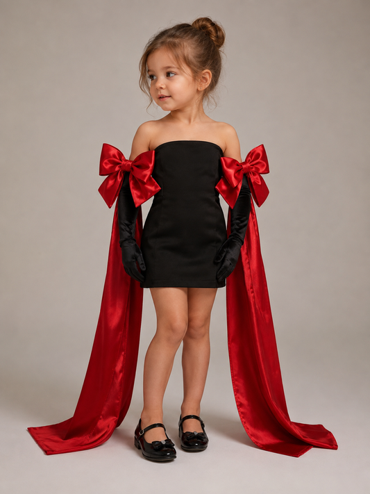 Black shorts girl red bow black gloved dress