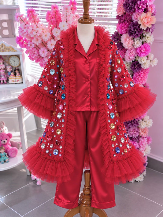 Red satin fabric girl pajamas and robe