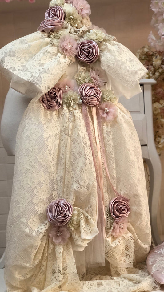 lace baby gown and bonnet set wholesale 4 pcs