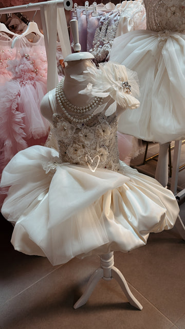 Cream Amazing Satin Fabric Flowers Girls Dresses