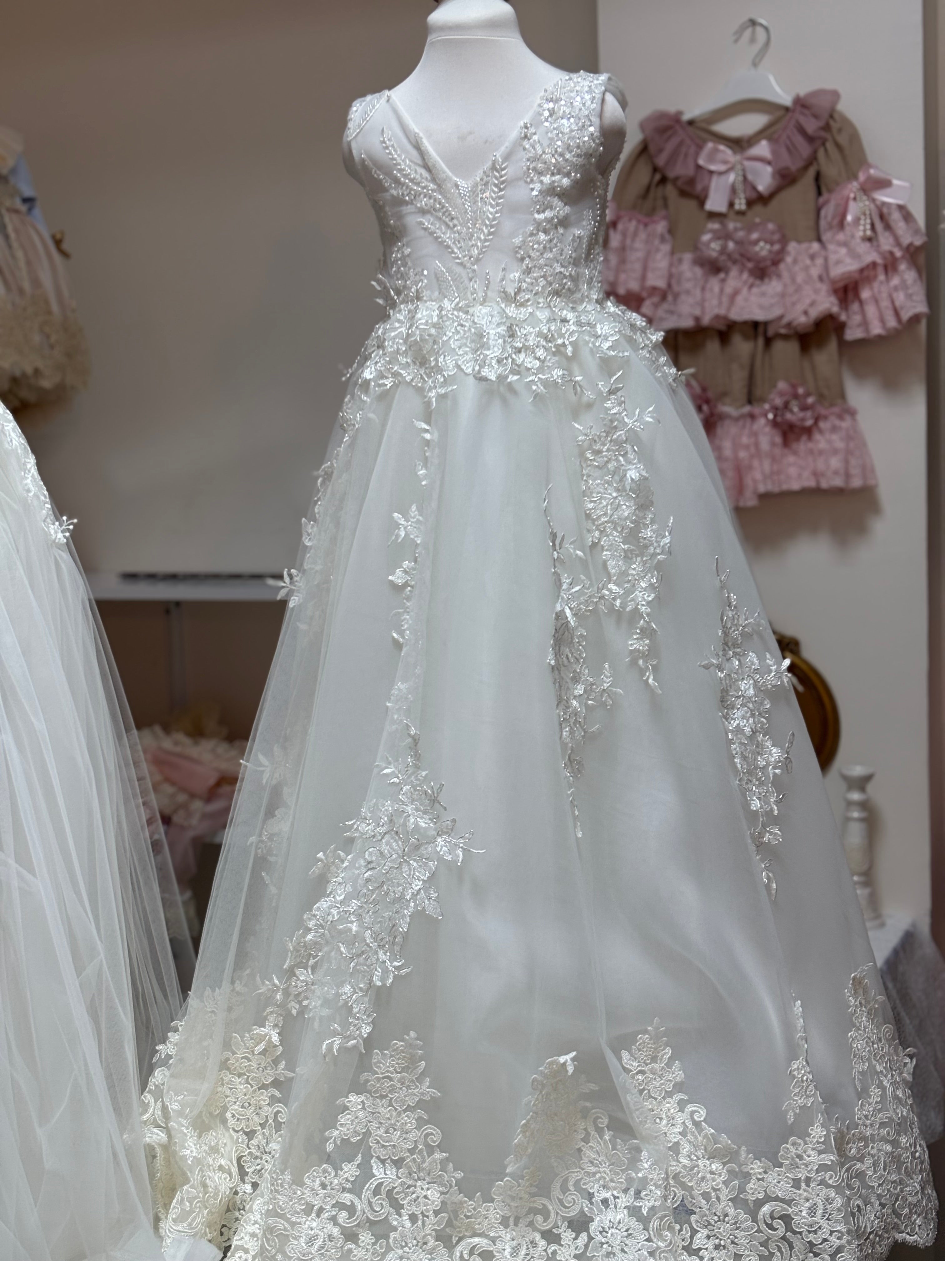 Cream long tulle flowers girl dress
