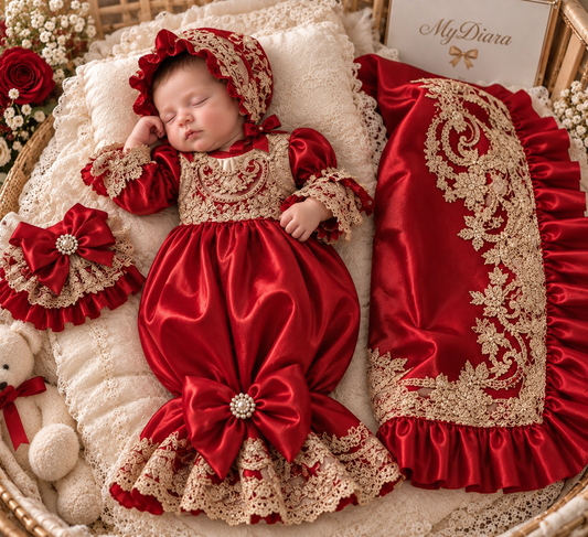 Red silk fabric baby gown bonnet blankent set
