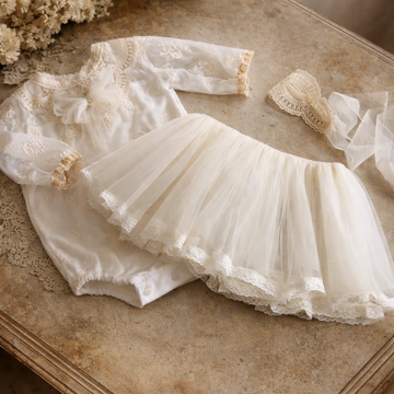 Ivory Baby Girl Romper Tutu Skirt Hairband Coton Lace Fabric