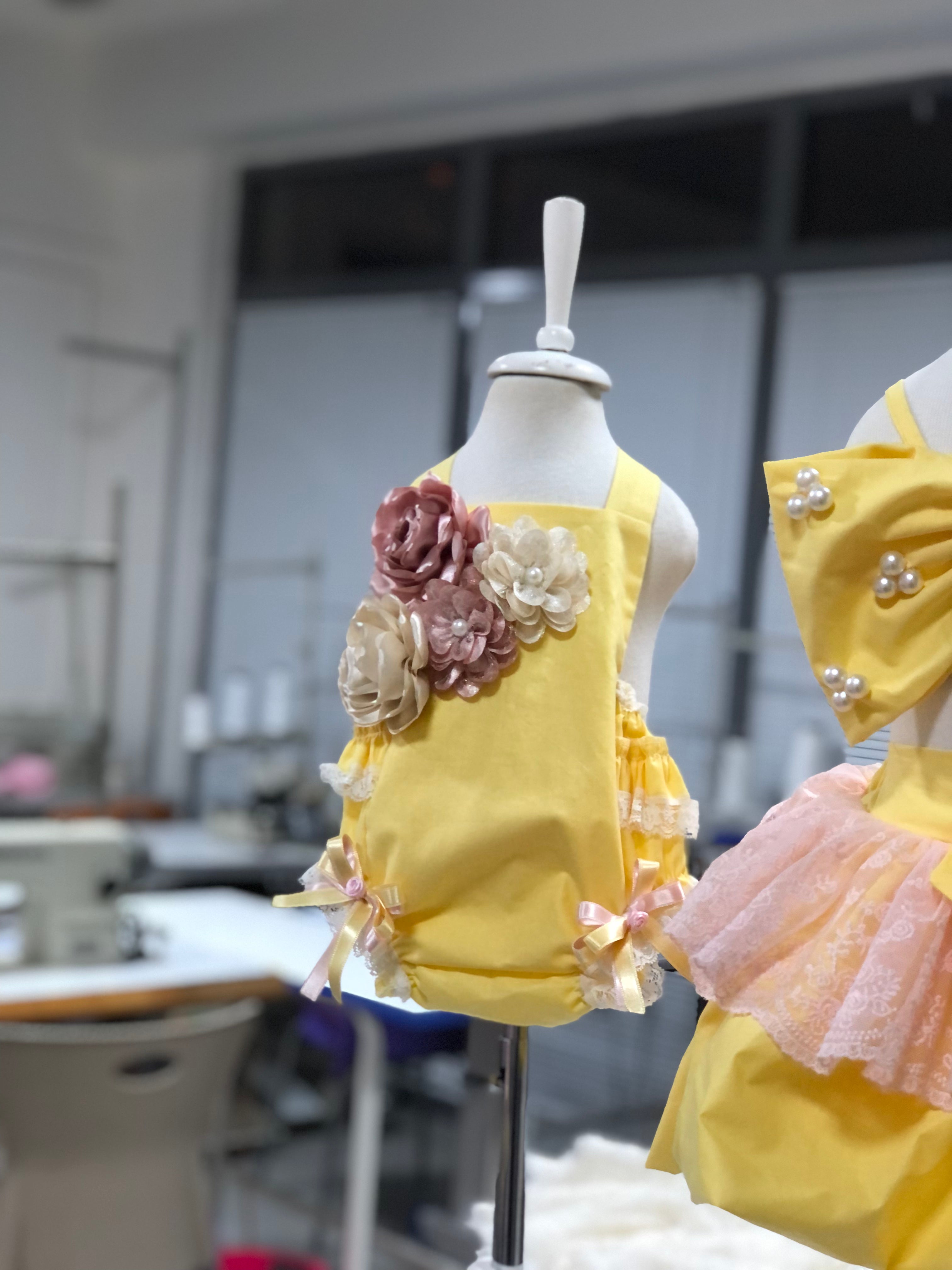 Yellow Baby Girl Coton Fabric Romper And HairBand