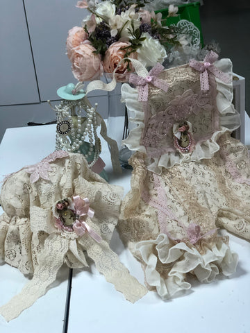 Lace fabric baby and girl romper and bonnet