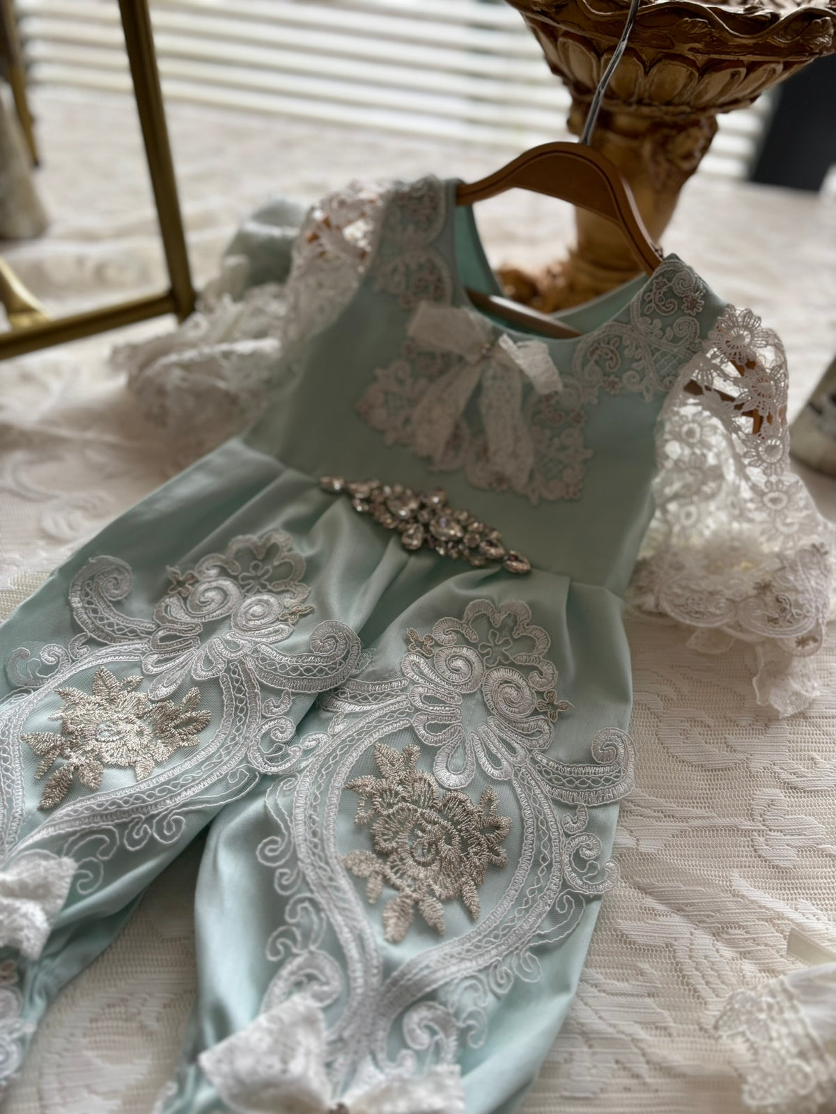 Mint blue baby jumpsuit and bonnet