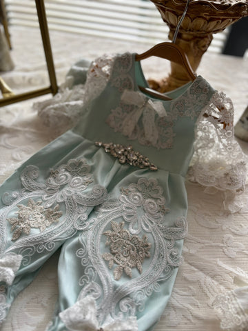 Mint blue baby jumpsuit and bonnet