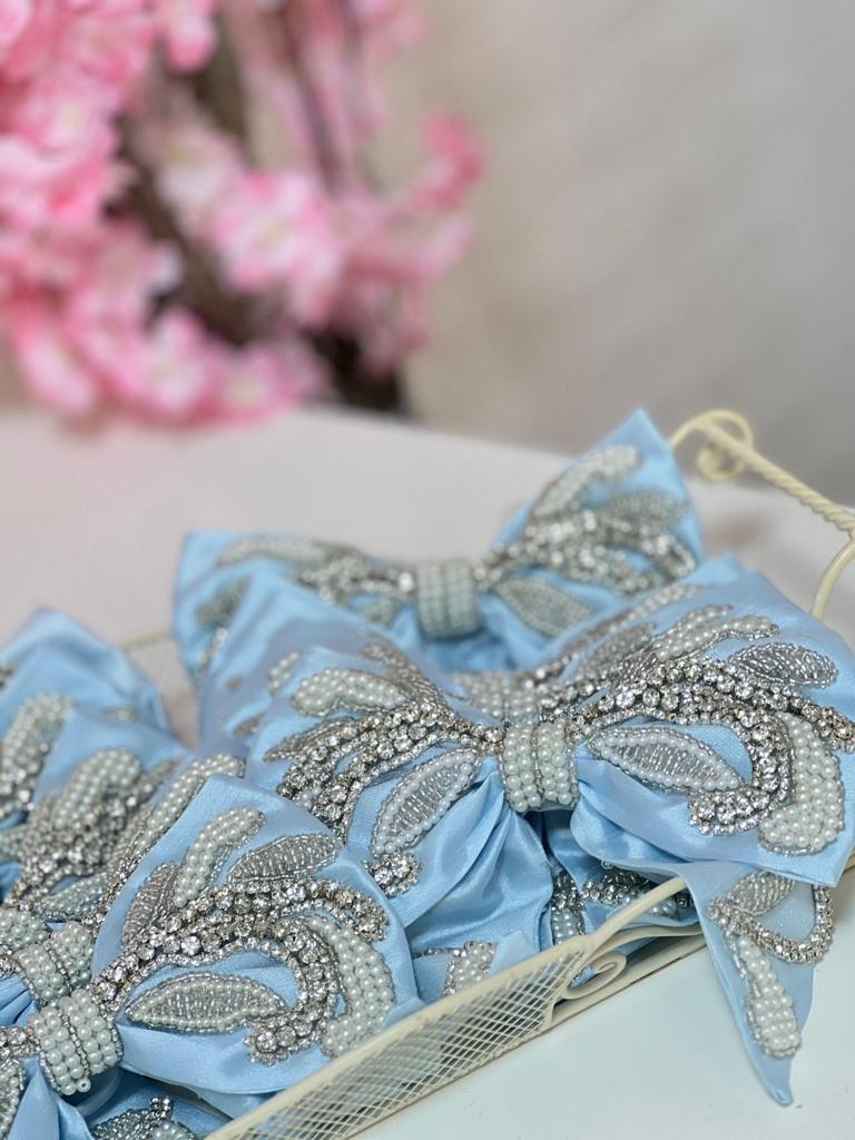 Baby Blue Rhinestone Bow Clips 10 inc