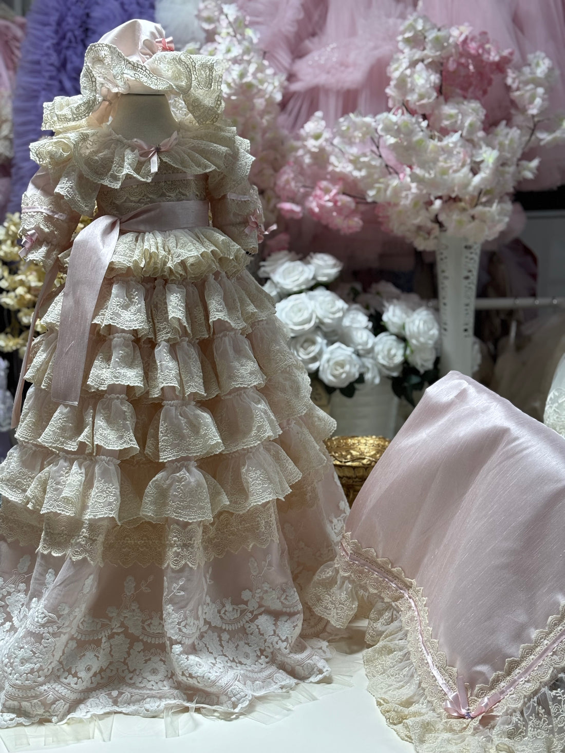 Pink silk lace fabric baby long gown bonnet and Blankent set