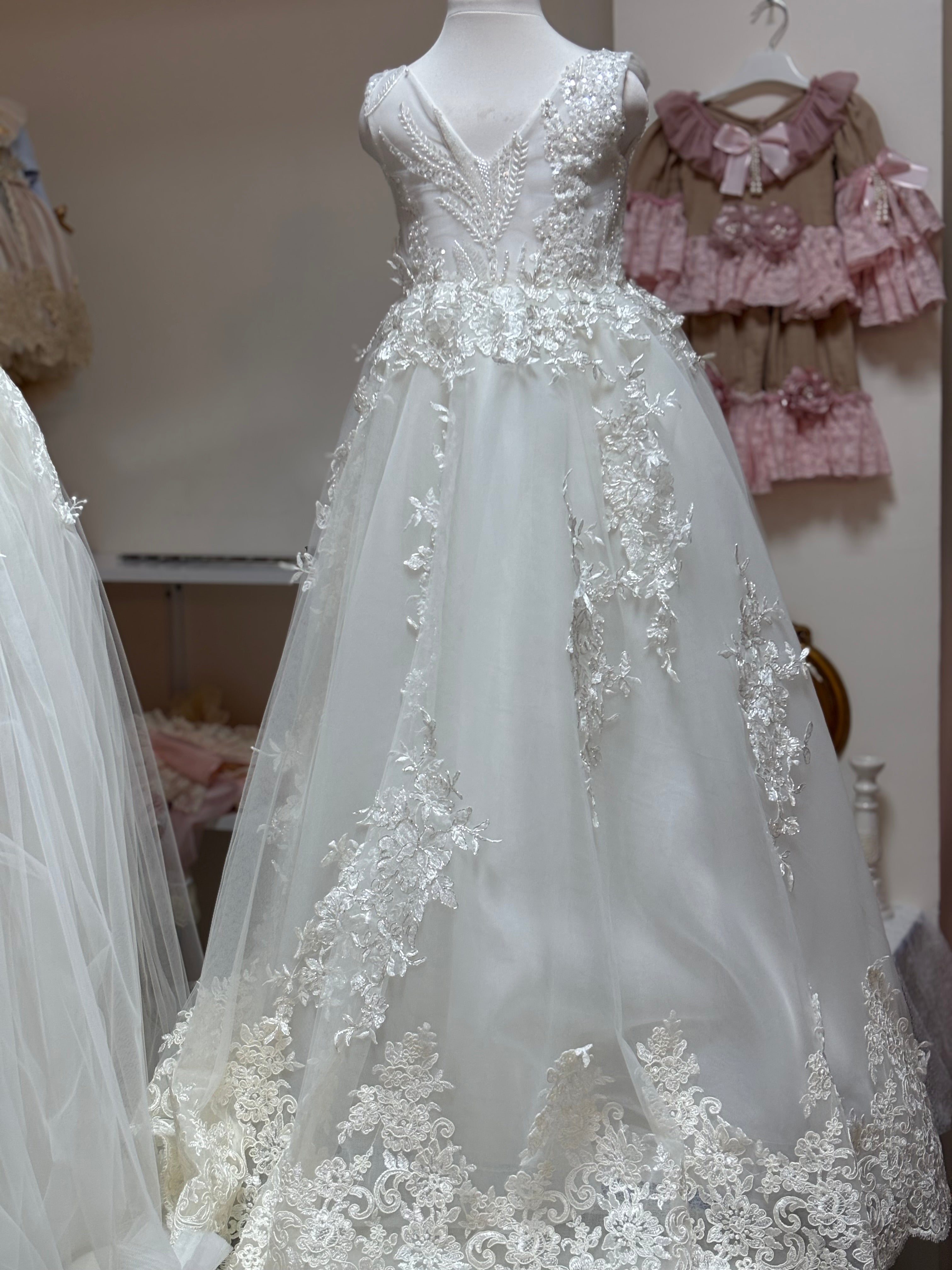 Cream long tulle flowers girl dress